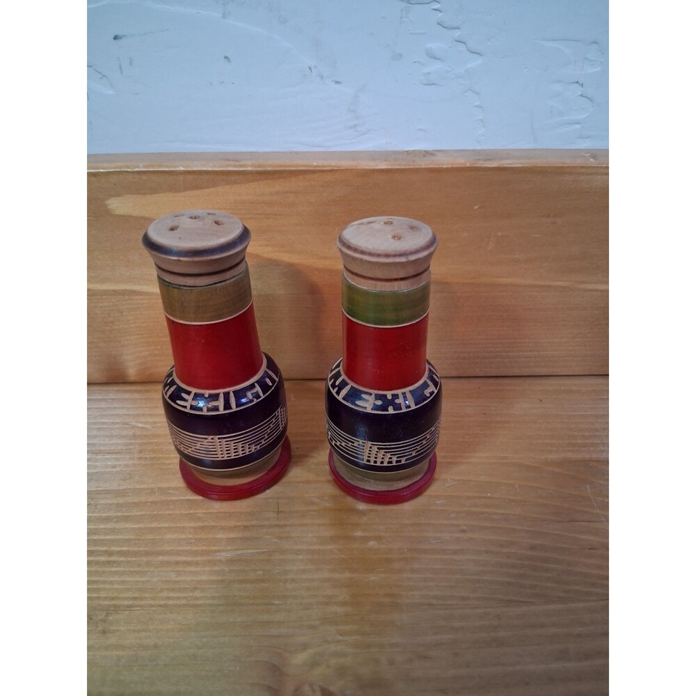 Mexican Hand Carved Wooden Salt And Pepper Shakers Vintage